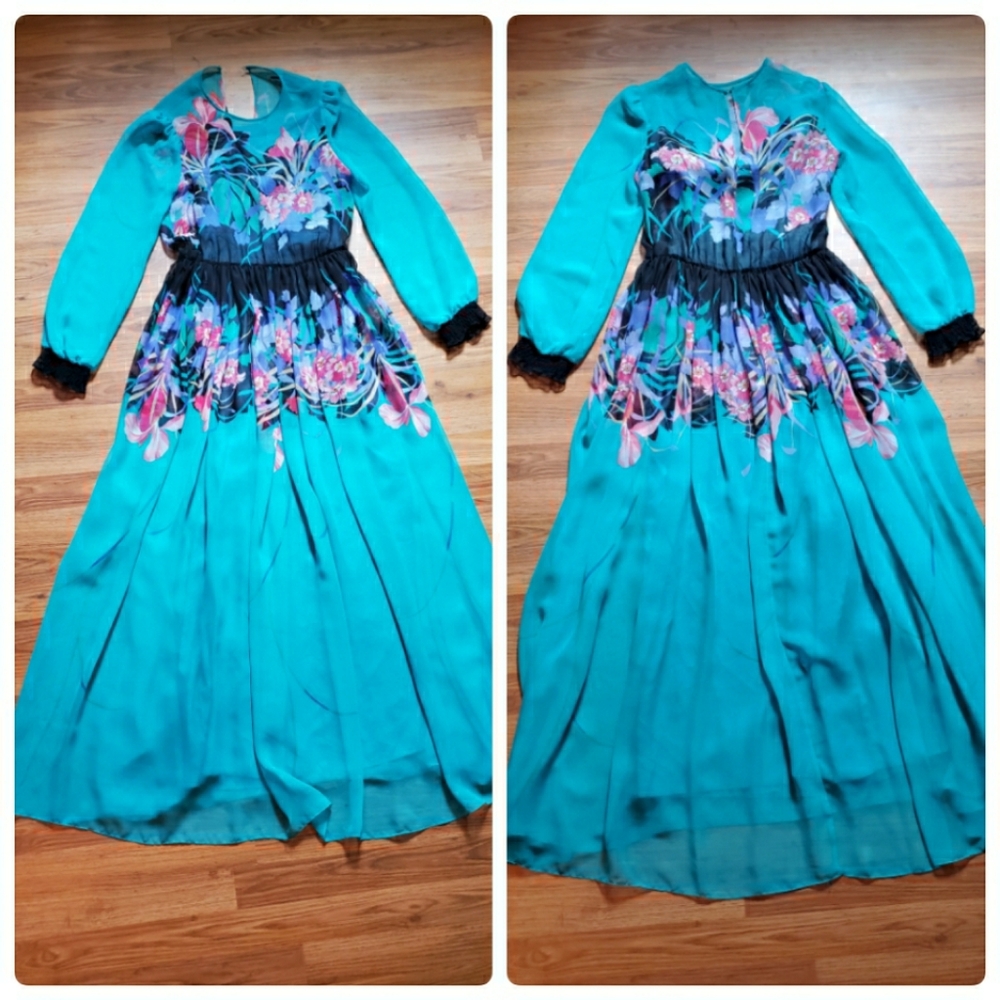 Vintage Teal Floral Longsleeve Maxi Dress - Picture 1 of 6